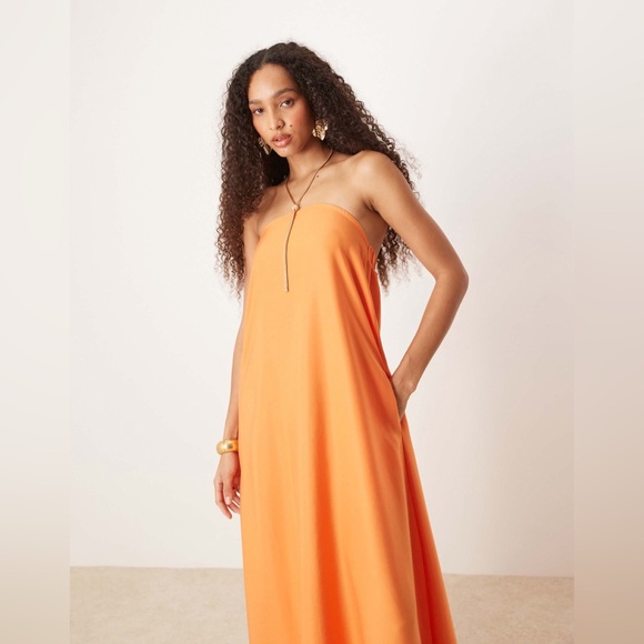 ASOS DESIGN cupro bandeau maxi dress in papaya - Picture 3 of 12